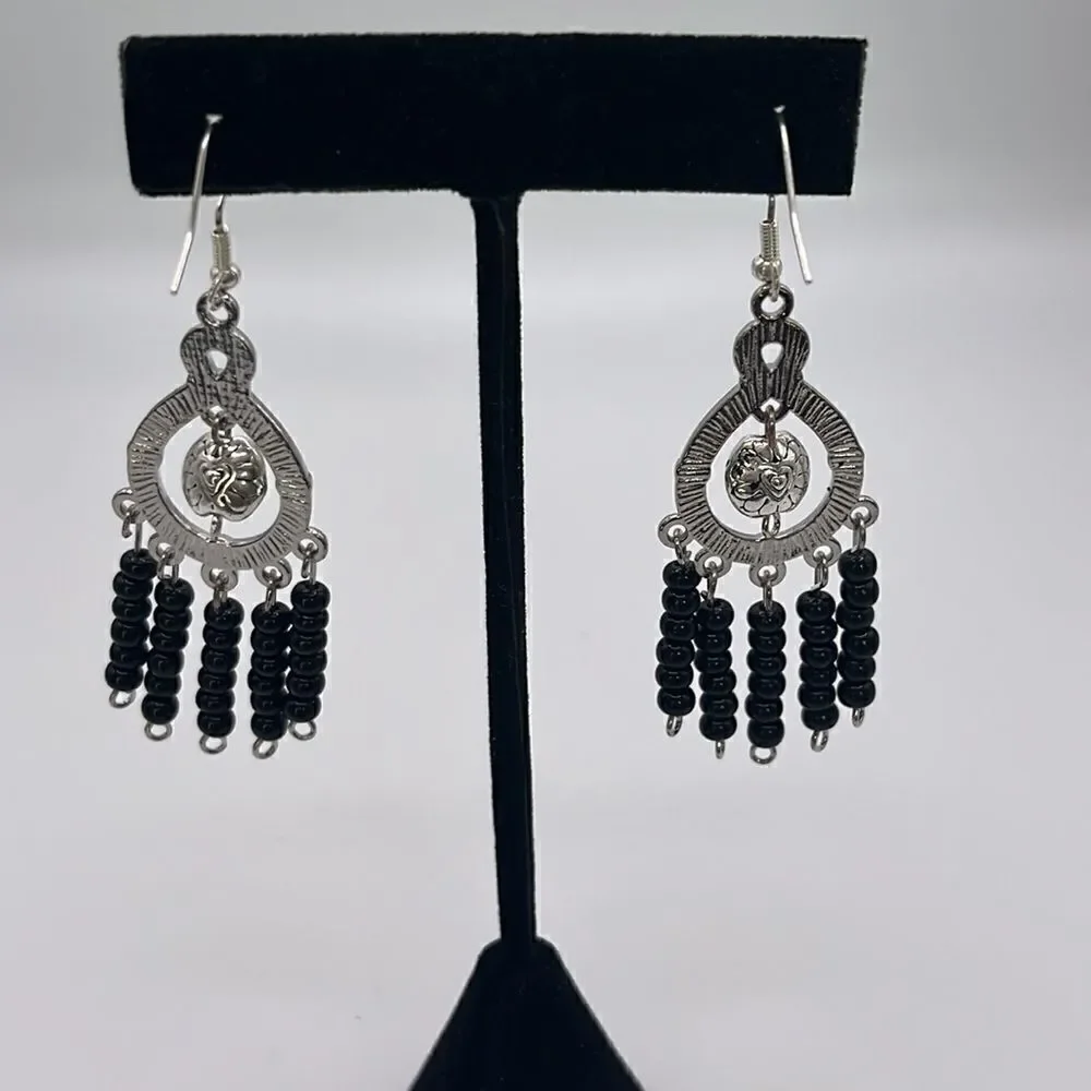 Silver-tone Homemade Dangling Chandelier Earrings with Black Beads